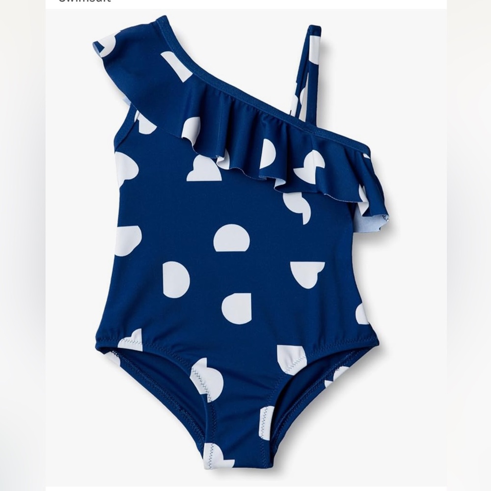 Amazon Essentials Kids size 8 One Shoulder Navy Polkadot Swimwear NWT